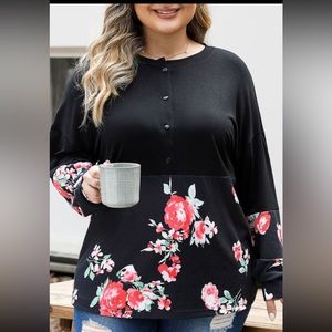 Black top with color bock floral print. Long sleeve crew neck w/ buttons. New